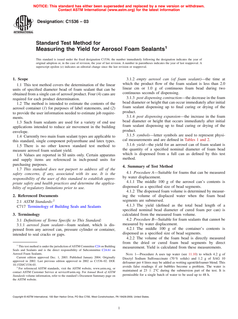 ASTM C1536-03 - Standard Test Method for Measuring the Yield for Aerosol Foam Sealants