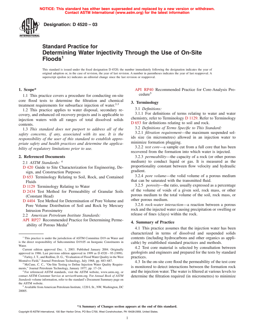 ASTM D4520-03 - Standard Practice for Determining Water Injectivity Through the Use of On-Site Floods