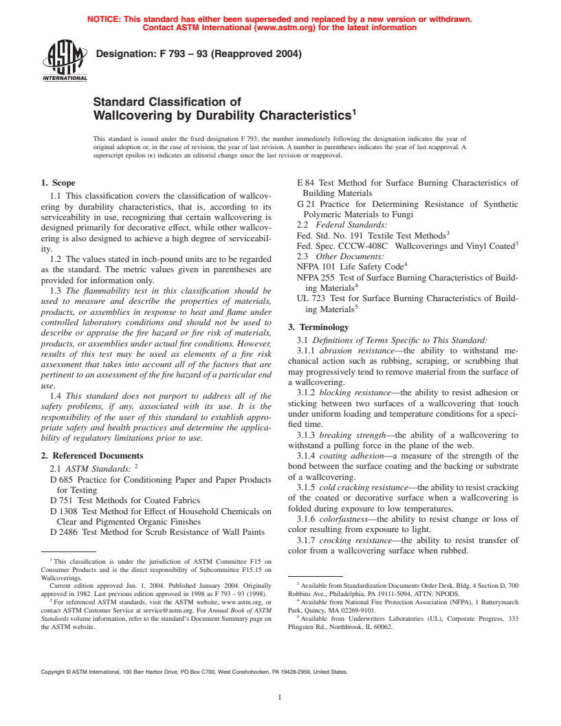 ASTM F793-93(2004) - Standard Classification of Wallcovering by Durability Characteristics