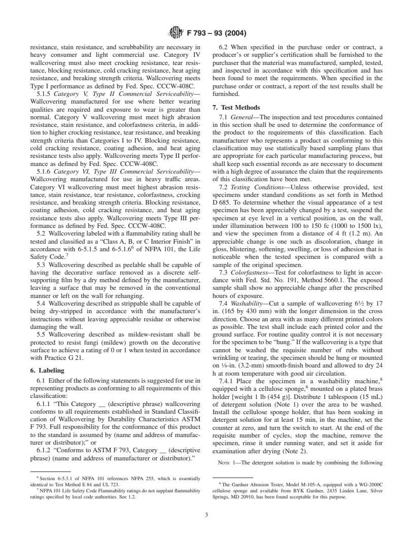 ASTM F793-93(2004) - Standard Classification of Wallcovering by Durability Characteristics