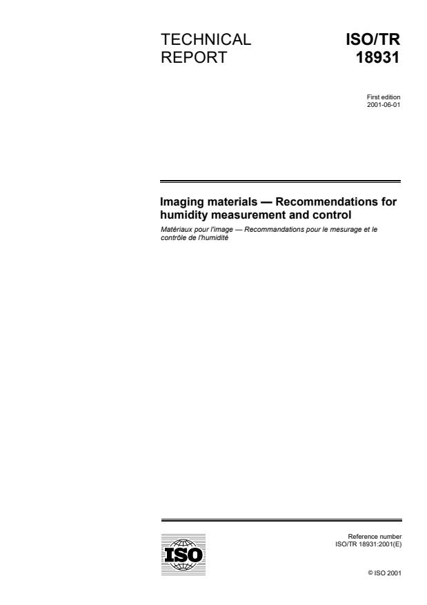 ISO/TR 18931:2001 - Imaging materials - Recommendations for humidity measurement and control