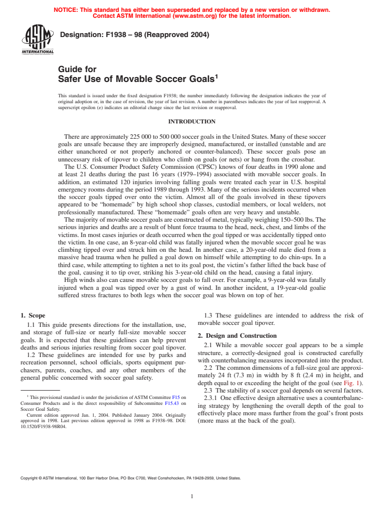 ASTM F1938-98(2004) - Guide for Safer Use of Movable Soccer Goals