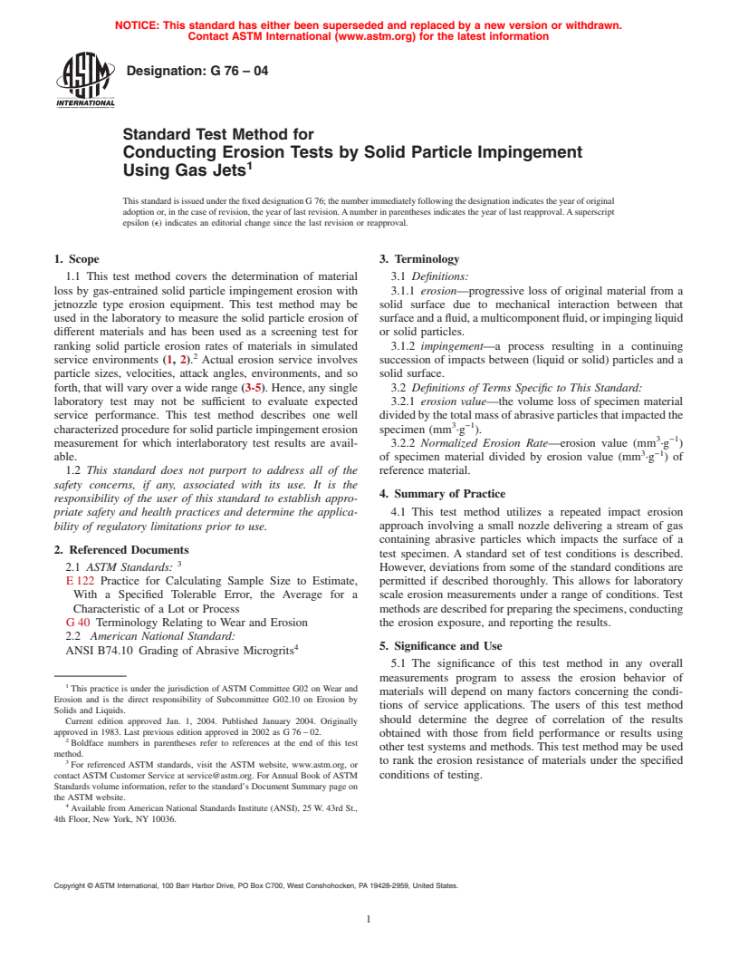 ASTM G76-04 - Standard Test Method for Conducting Erosion Tests by Solid Particle Impingement Using Gas Jets