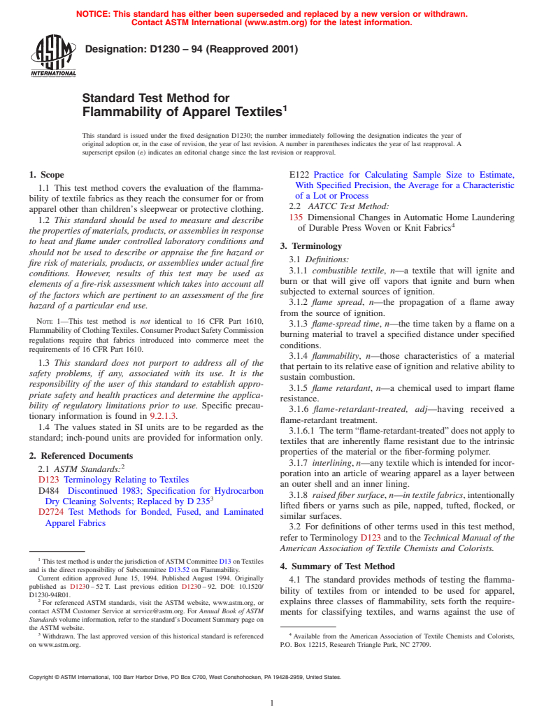 ASTM D1230-94(2001) - Standard Test Method for Flammability of Apparel Textiles (Withdrawn 2010)