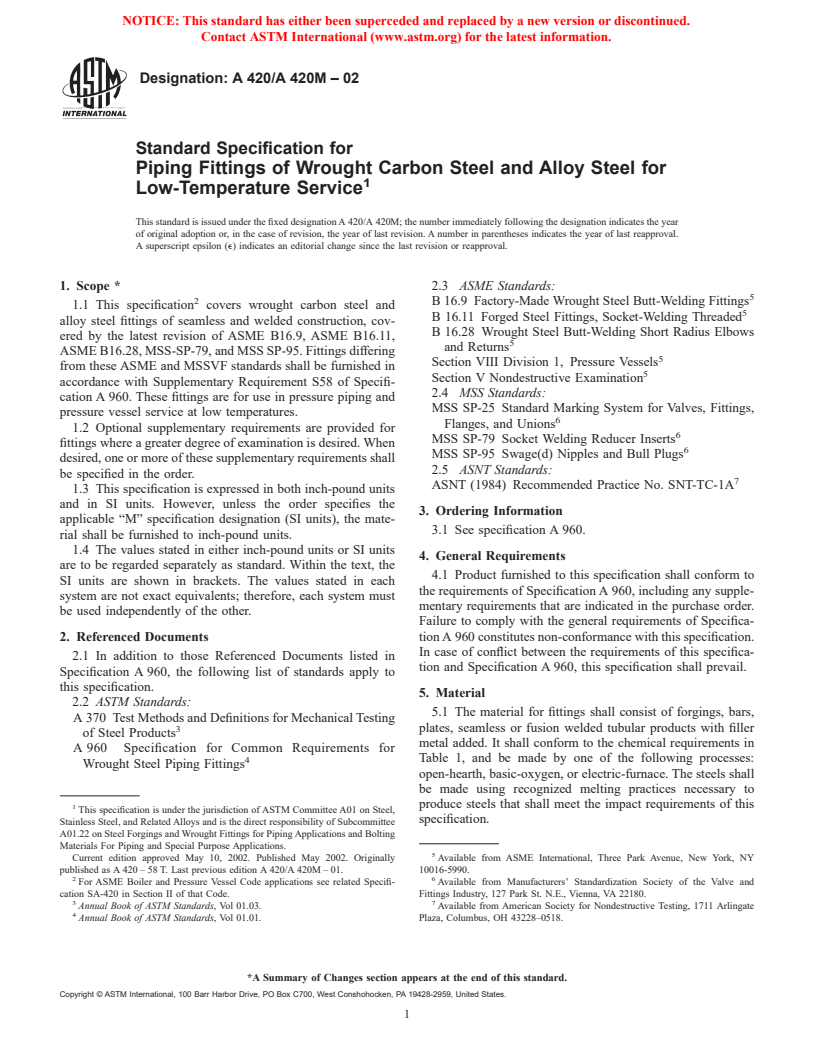 ASTM A420/A420M-02 - Standard Specification for Piping Fittings of Wrought Carbon Steel and Alloy Steel for Low-Temperature Service