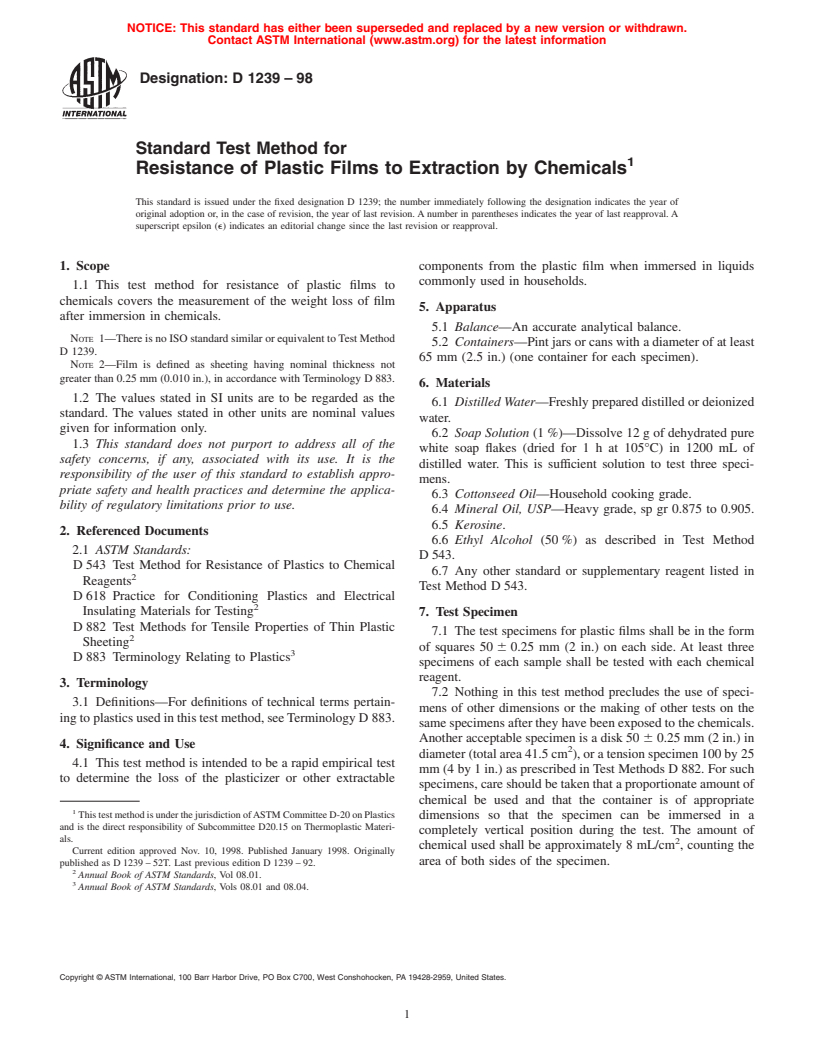 ASTM D1239-98 - Standard Test Method for Resistance of Plastic Films to Extraction by Chemicals