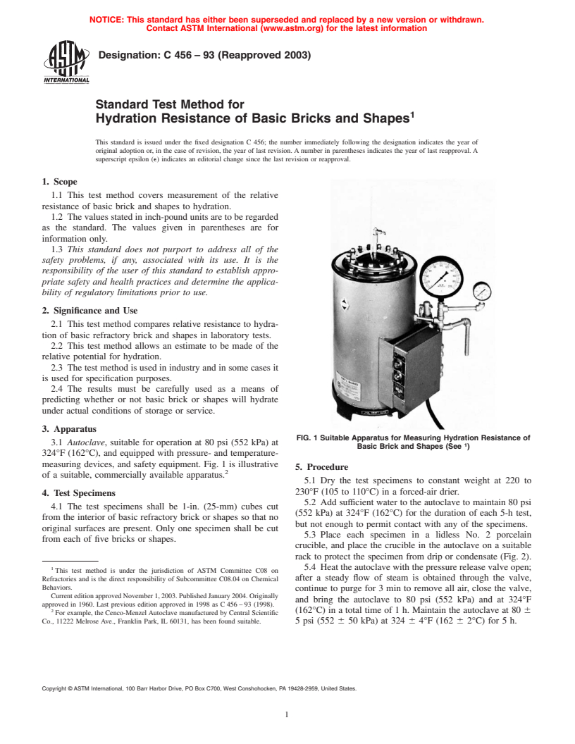 ASTM C456-93(2003) - Standard Test Method for Hydration Resistance of Basic Bricks and Shapes