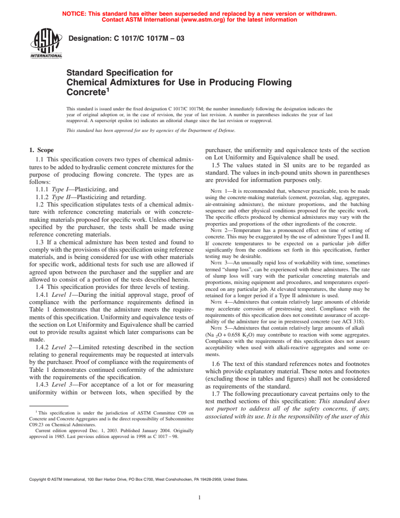 ASTM C1017/C1017M-03 - Standard Specification for Chemical Admixtures for Use in Producing Flowing Concrete