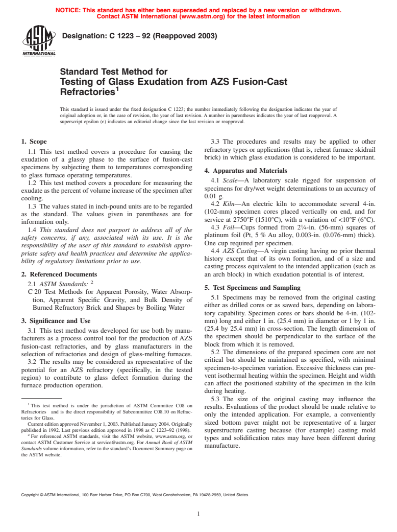 ASTM C1223-92(2003) - Standard Test Method for Testing of Glass Exudation from AZS Fusion-Cast Refractories