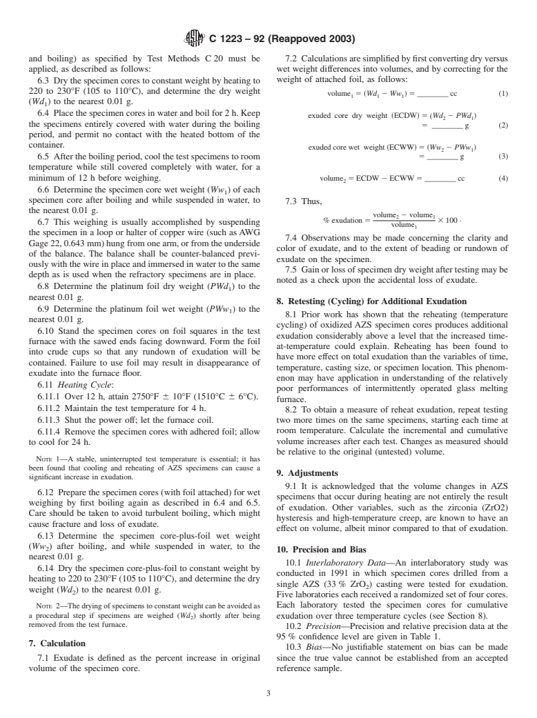 ASTM C1223-92(2003) - Standard Test Method for Testing of Glass Exudation from AZS Fusion-Cast Refractories