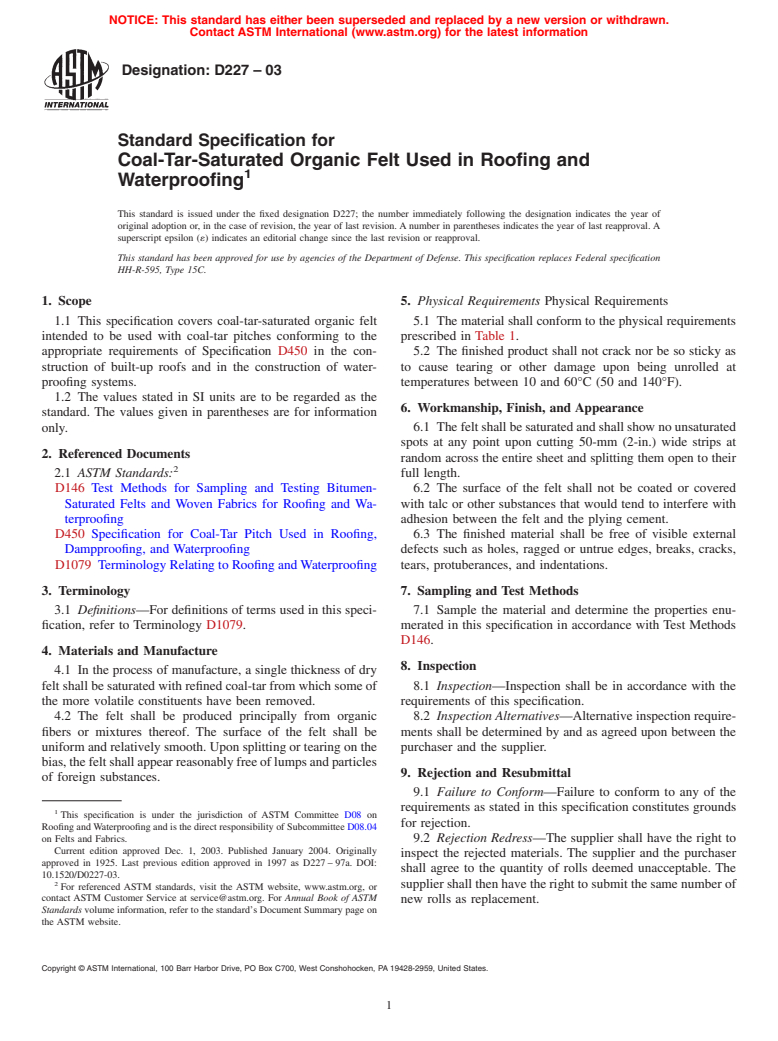 ASTM D227-03 - Standard Specification for Coal-Tar-Saturated Organic Felt Used in Roofing and Waterproofing