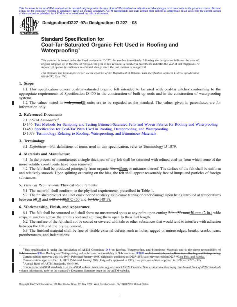 REDLINE ASTM D227-03 - Standard Specification for Coal-Tar-Saturated Organic Felt Used in Roofing and Waterproofing