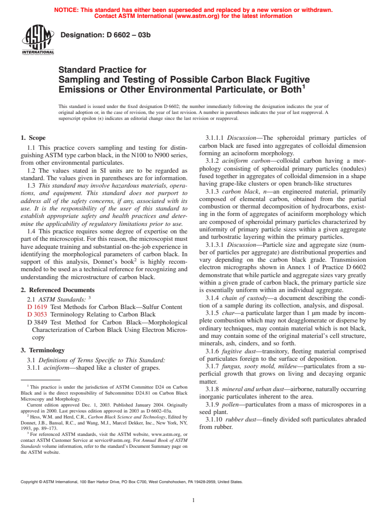 ASTM D6602-03b - Standard Practice for Sampling and Testing of Possible Carbon Black Fugitive Emissions or Other Environmental Particulate, or Both