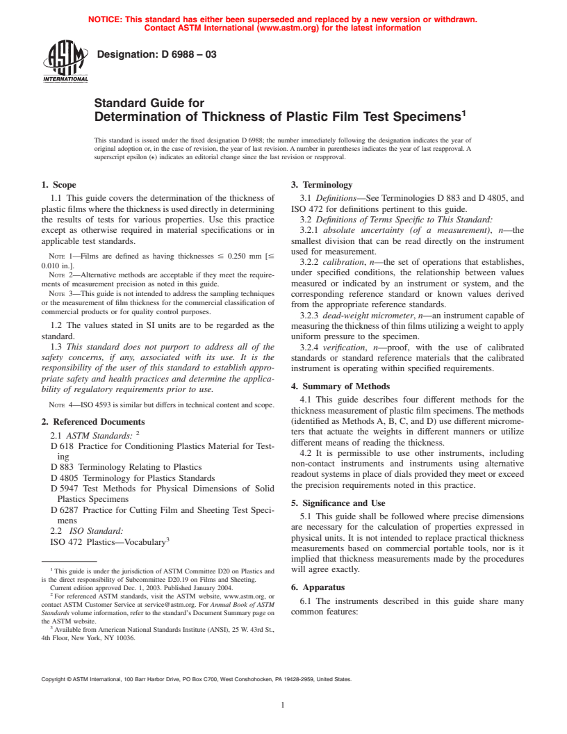 ASTM D6988-03 - Standard Guide for Determination of Thickness of Plastic Film Test Specimens