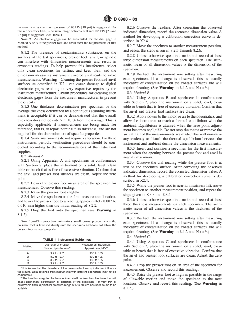 ASTM D6988-03 - Standard Guide for Determination of Thickness of Plastic Film Test Specimens