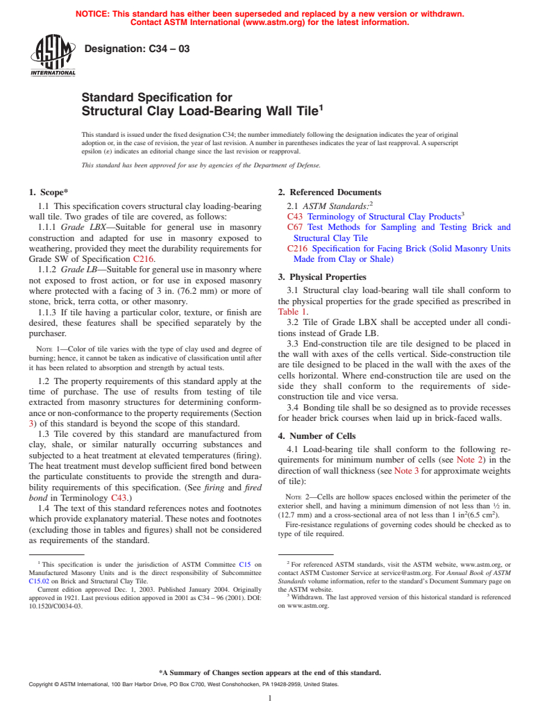 ASTM C34-03 - Standard Specification for Structural Clay Load-Bearing Wall Tile