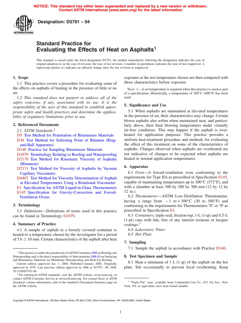 ASTM D3791-04 - Standard Practice for Evaluating the Effects of Heat on Asphalts