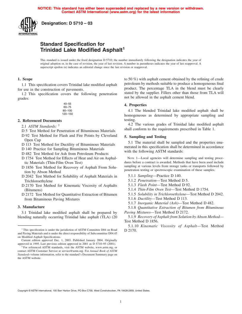 ASTM D5710-03 - Standard Specification for Trinidad Lake Modified Asphalt