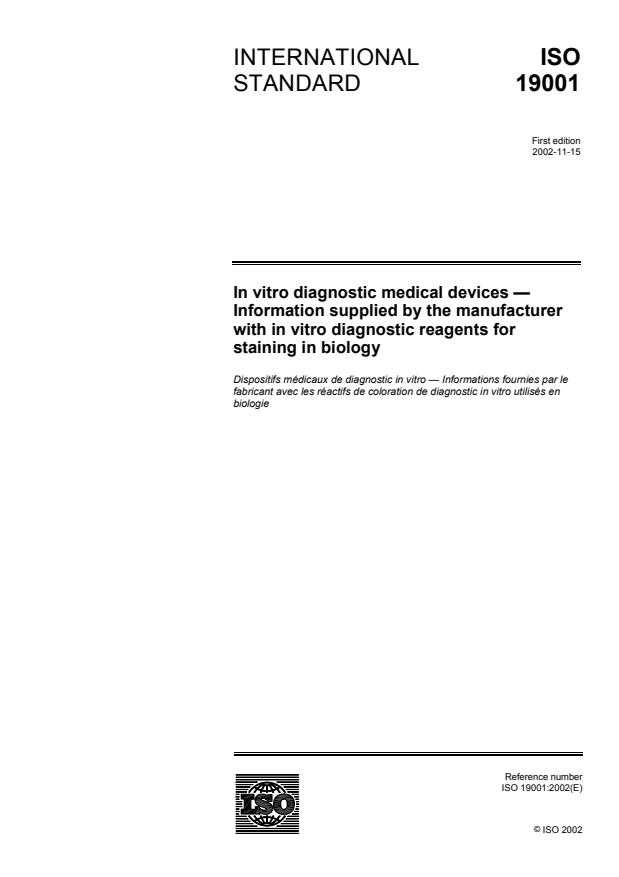 ISO 19001:2002 - In vitro diagnostic medical devices -- Information supplied by the manufacturer with in vitro diagnostic reagents for staining in biology