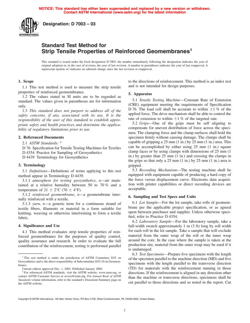 ASTM D7003-03 - Standard Test Method for Strip Tensile Properties of Reinforced Geomembranes