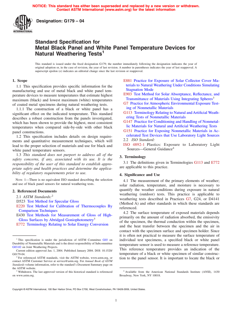 ASTM G179-04 - Standard Specification for Metal Black Panel and White Panel Temperature Devices for Natural Weathering Tests