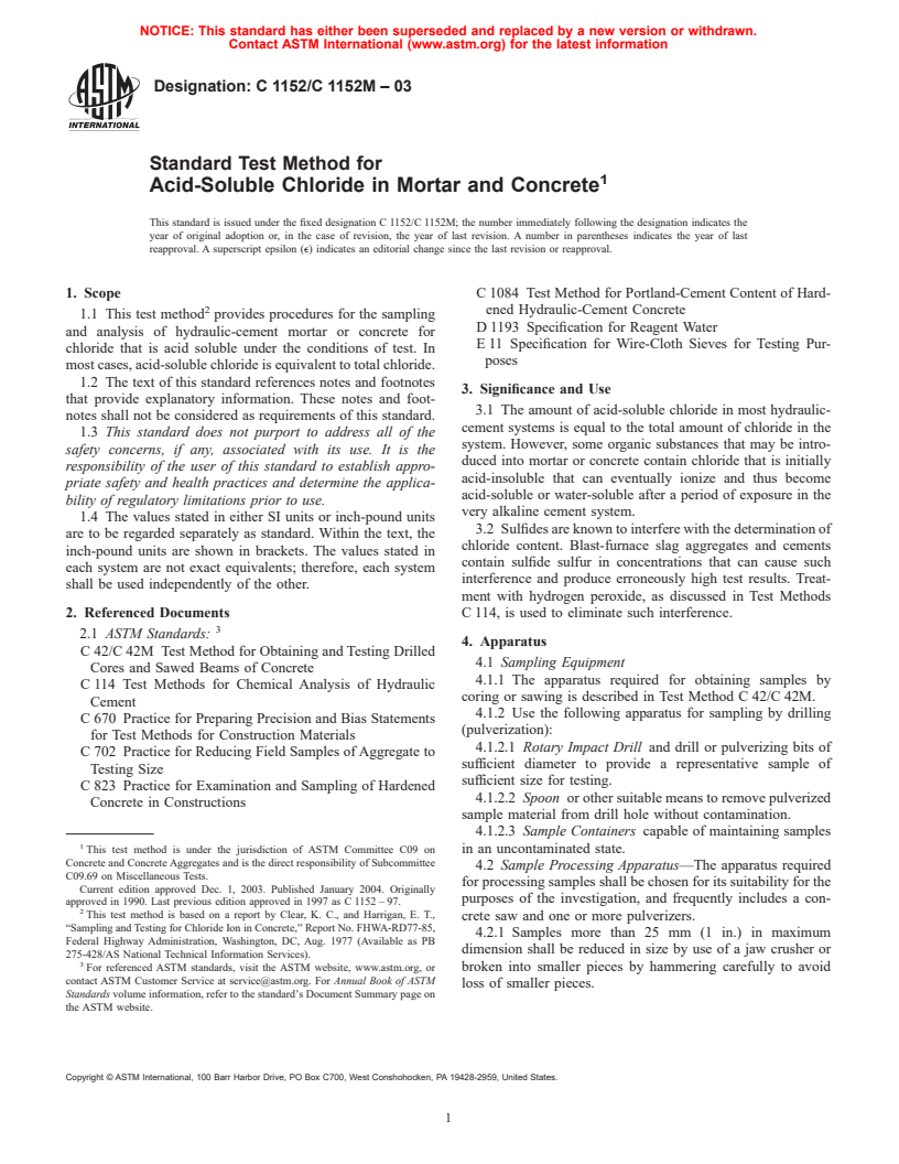 ASTM C1152/C1152M-03 - Standard Test Method for Acid-Soluble Chloride in Mortar and Concrete