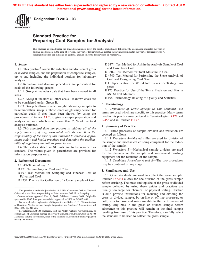 ASTM D2013-03 - Standard Practice of Preparing Coal Samples for Analysis