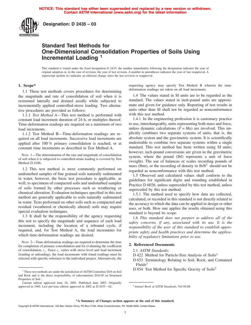 ASTM D2435-03 - Standard Test Method for One-Dimensional Consolidation Properties of Soils