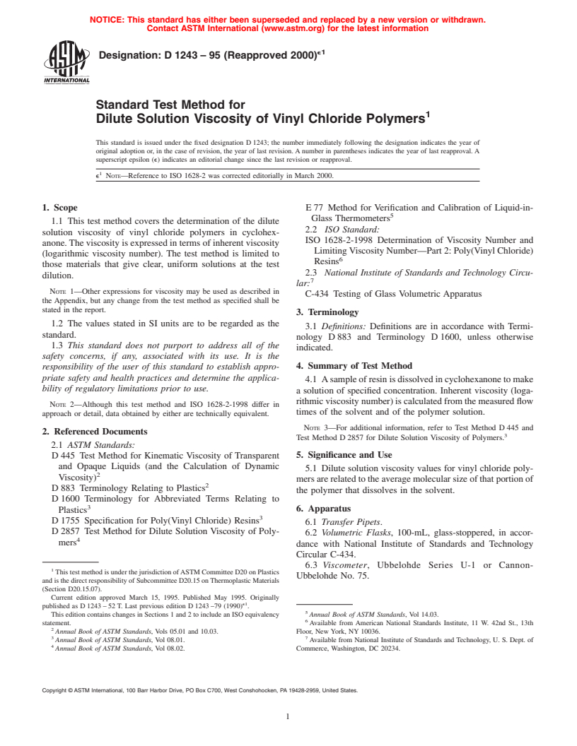 ASTM D1243-95(2000)e1 - Standard Test Method for Dilute Solution Viscosity of Vinyl Chloride Polymers