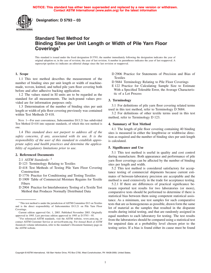 ASTM D5793-03 - Standard Test Method for Binding Sites Per Unit Length or Width of Pile Yarn Floor Coverings