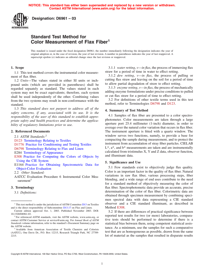 ASTM D6961-03 - Standard Test Method for Color Measurement of Flax Fiber