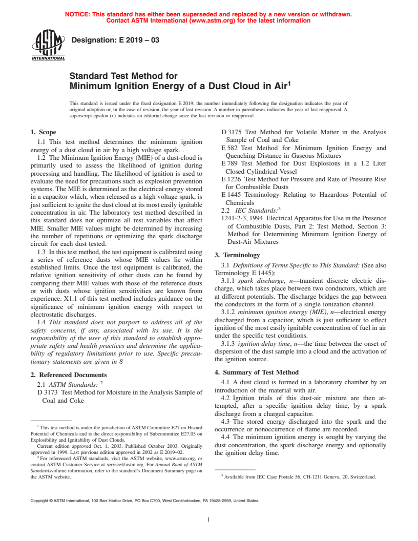 ASTM E2019-03 - Standard Test Method for Minimum Ignition Energy of a Dust Cloud in Air