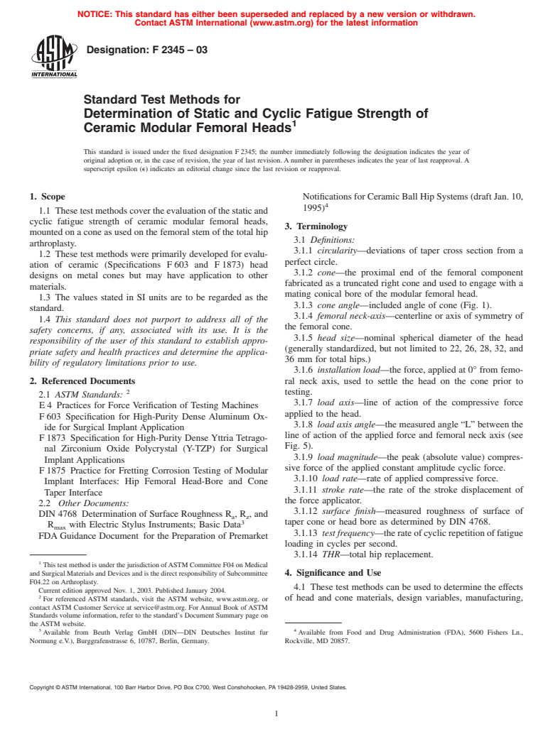 ASTM F2345-03 - Standard Test Methods for Determination of Static and Cyclic Fatigue Strength of Ceramic Modular Femoral Heads