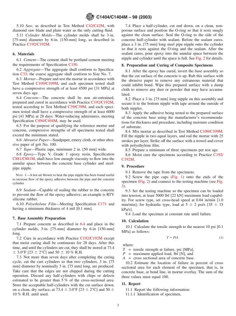 ASTM C1404/C1404M-98(2003) - Standard Test Method for Bond Strength of Adhesive Systems Used with Concrete as Measured by Direct Tension (Withdrawn 2010)