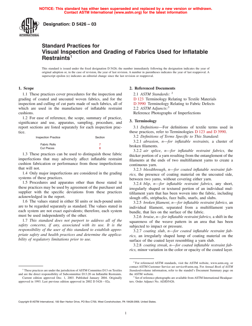 ASTM D5426-03 - Standard Practices for Visual Inspection and Grading of Fabrics Used for Inflatable Restraints