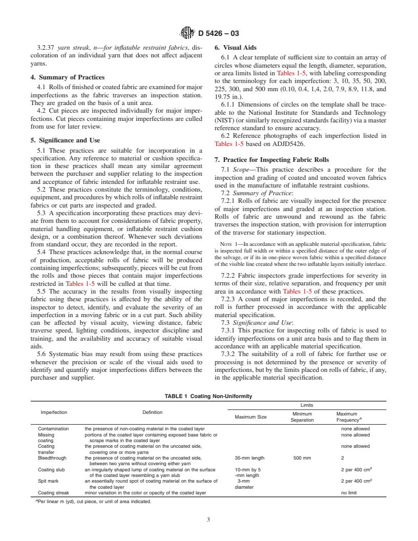 ASTM D5426-03 - Standard Practices for Visual Inspection and Grading of Fabrics Used for Inflatable Restraints