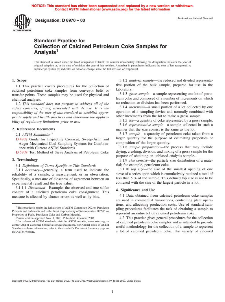 ASTM D6970-03 - Standard Practice for Collection of Calcined Petroleum Coke Samples for Analysis