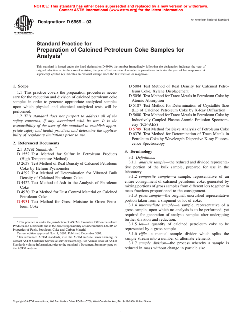 ASTM D6969-03 - Standard Practice for Preparation of Calcined Petroleum Coke Samples for Analysis