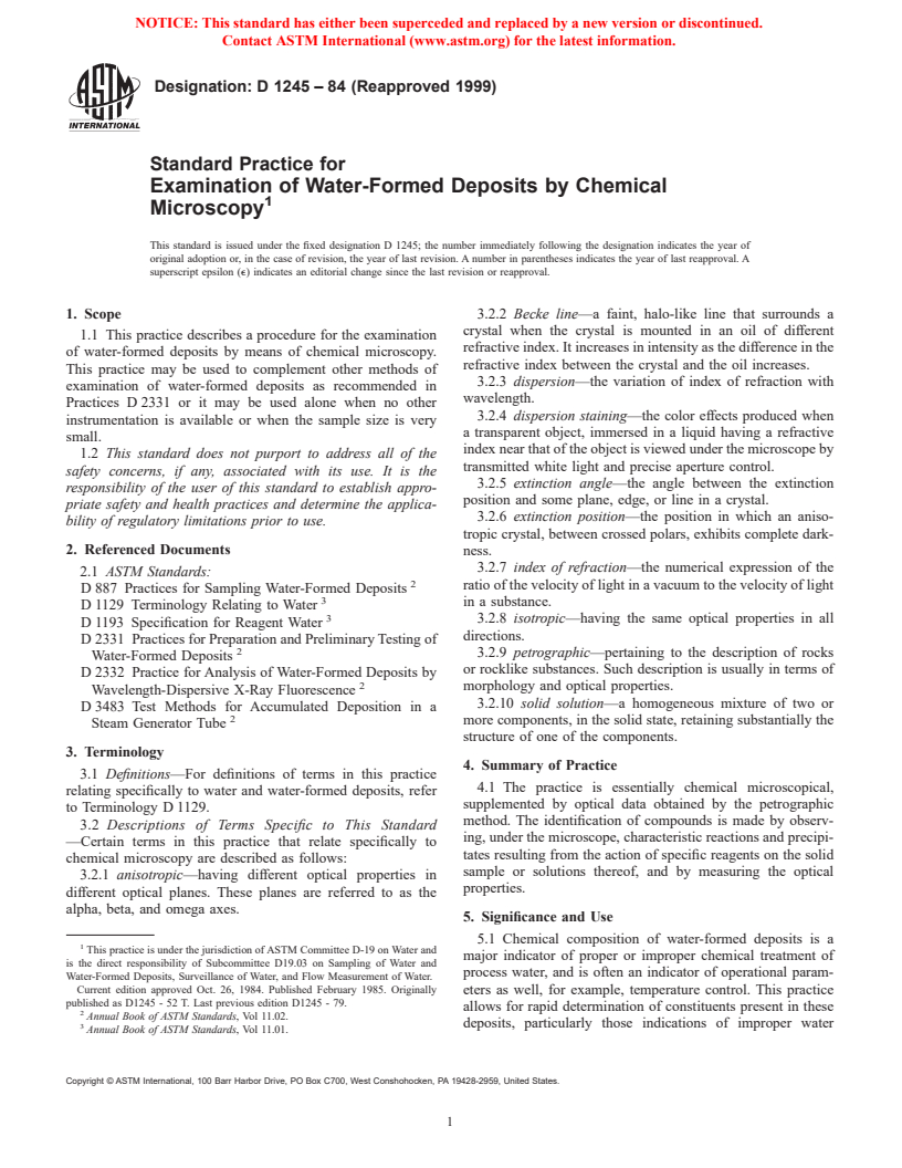 ASTM D1245-84(1999) - Standard Practice for Examination of Water-Formed Deposits by Chemical Microscopy