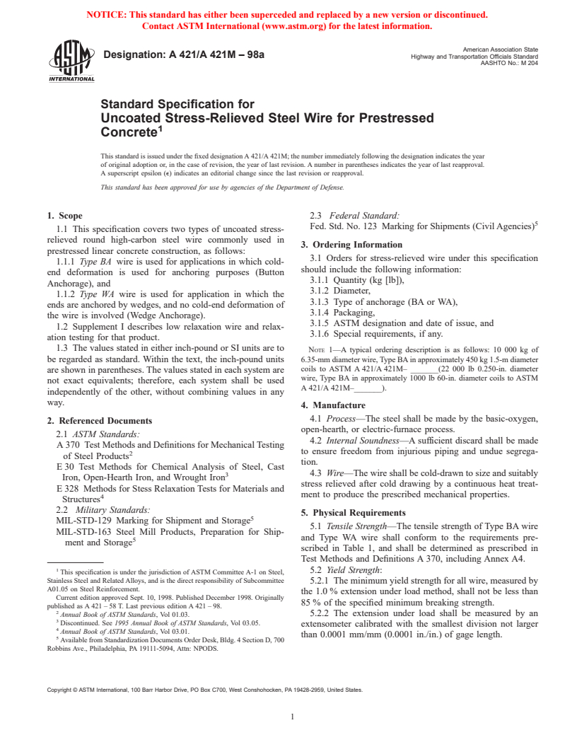 ASTM A421/A421M-98a - Standard Specification for Uncoated Stress-Relieved Steel Wire for Prestressed Concrete