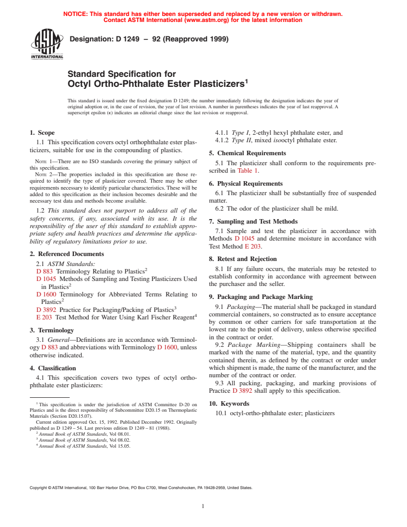 ASTM D1249-92(1999) - Standard Specification for Octyl Ortho-Phthalate Ester Plasticizers (Withdrawn 2007)