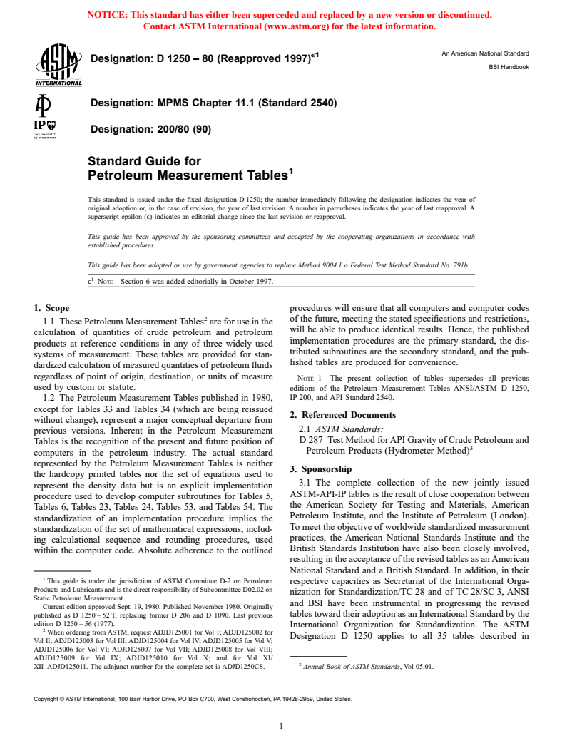 ASTM D1250-80(1997)e1 - Standard Guide for Petroleum Measurement Tables