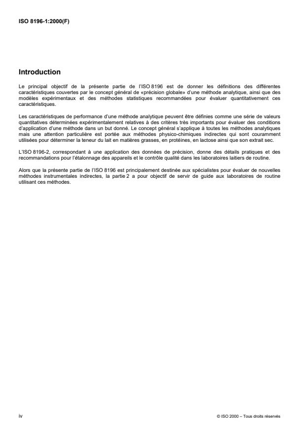 ISO 8196-1:2000 ISO 8196-1:2000 - Lait -- Définition et évaluation de la précision globale de méthodes indirectes d'analyse du lait - Page 4 preview
