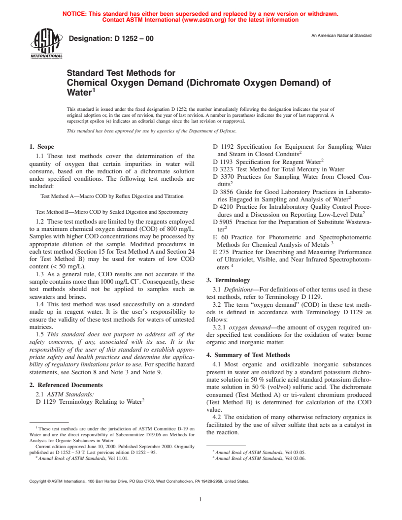 ASTM D1252-00 - Standard Test Methods for Chemical Oxygen Demand (Dichromate Oxygen Demand) of Water