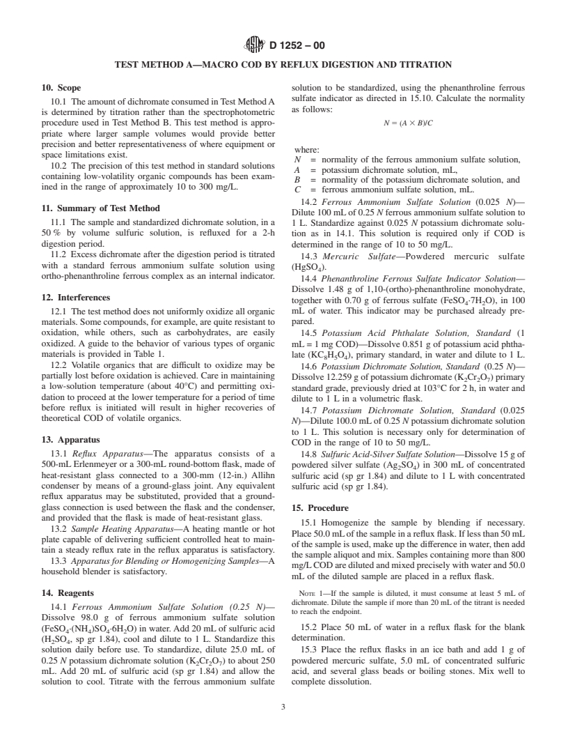 ASTM D1252-00 - Standard Test Methods for Chemical Oxygen Demand (Dichromate Oxygen Demand) of Water