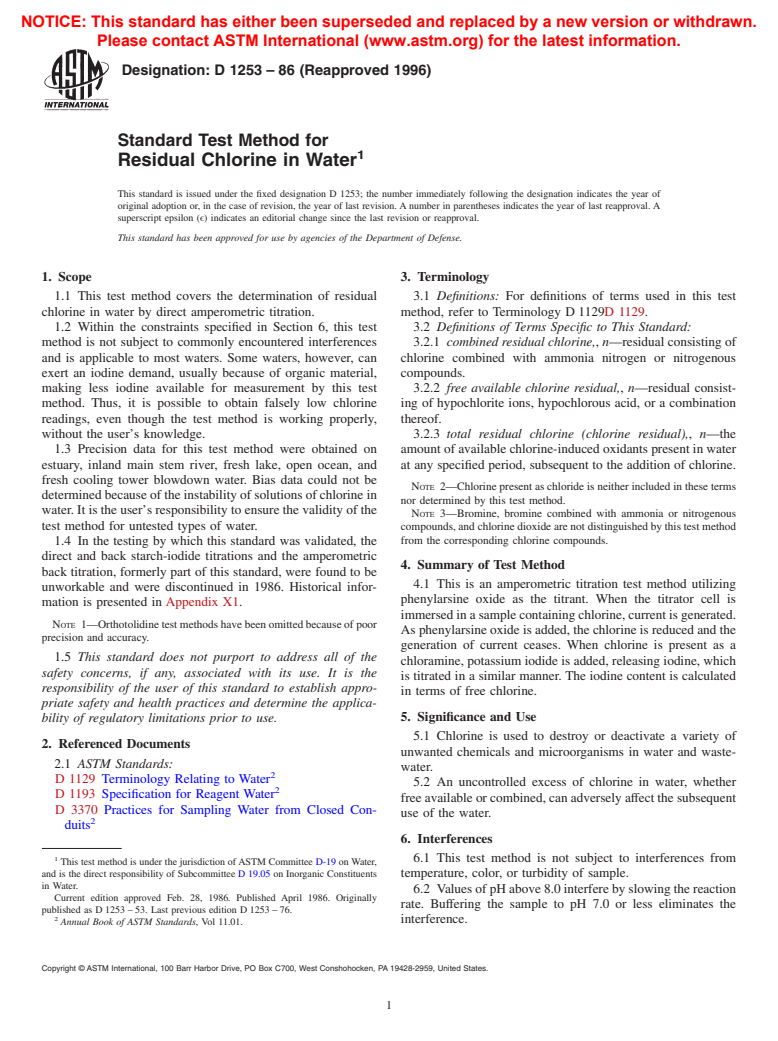 ASTM D1253-86(1996) - Standard Test Method for Residual Chlorine in Water