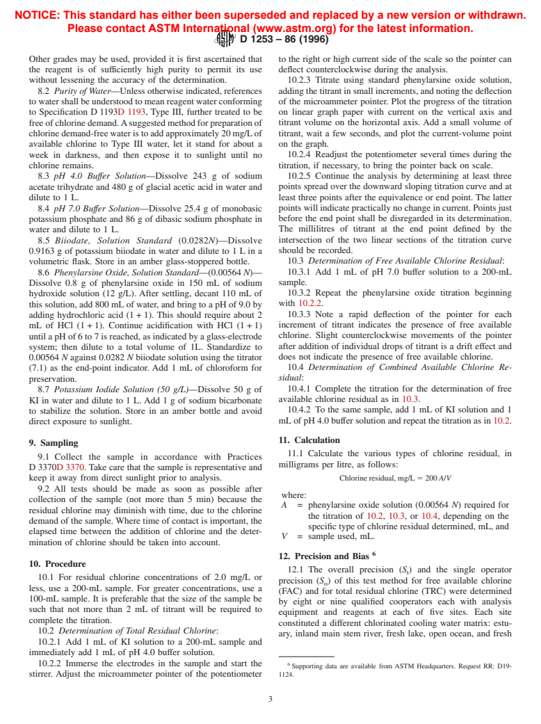 ASTM D1253-86(1996) - Standard Test Method for Residual Chlorine in Water