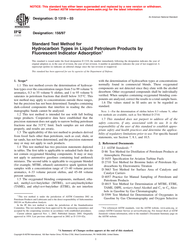 ASTM D1319-03 - Standard Test Method for Hydrocarbon Types in Liquid Petroleum Products by Fluorescent Indicator Adsorption