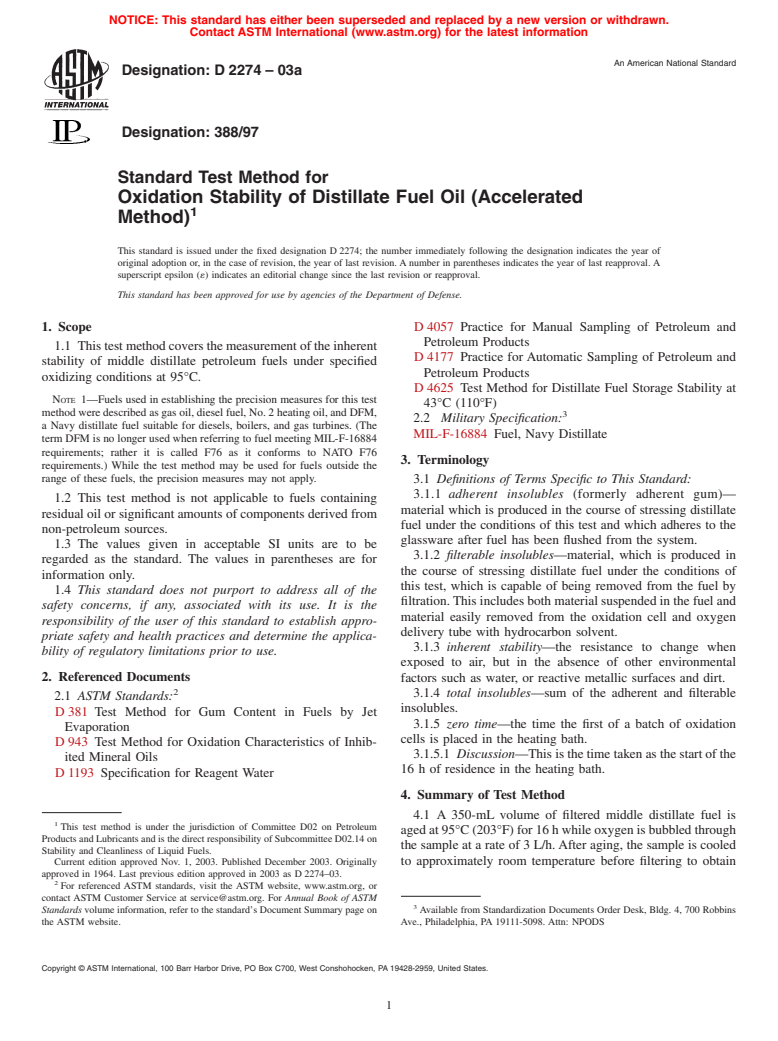 ASTM D2274-03a - Standard Test Method for Oxidation Stability of Distillate Fuel Oil (Accelerated Method)