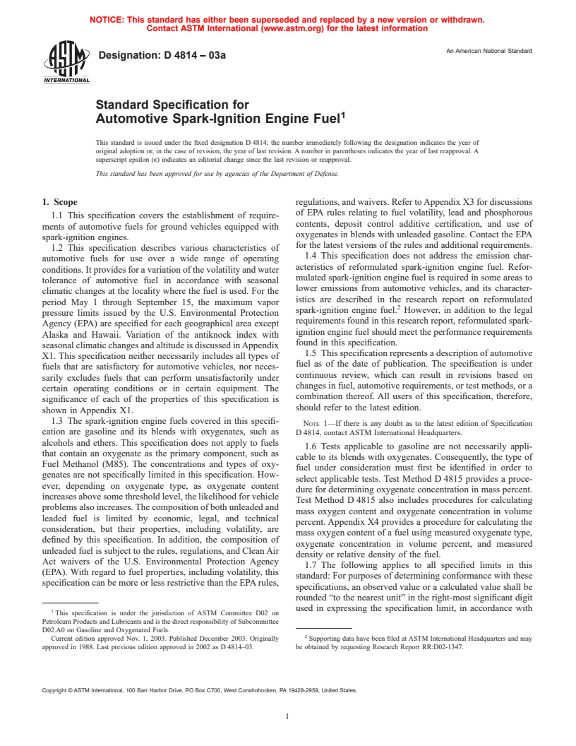 ASTM D4814-03a - Standard Specification for Automotive Spark-Ignition Engine Fuel